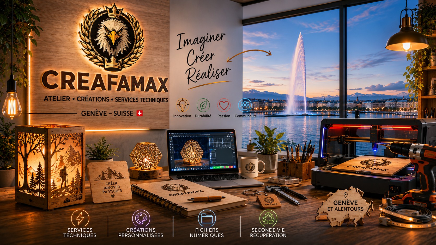 Atelier CREAFAMAX à Genève avec machine laser et outils