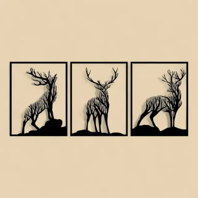 Cerf triptyque forêt en bois - création artisanale CREAFAMAX
