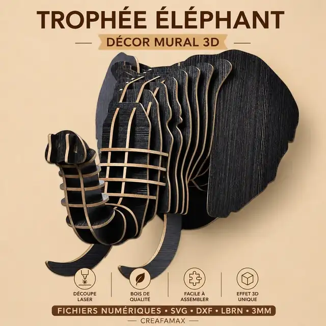 Trophée mural éléphant en bois - création artisanale CREAFAMAX