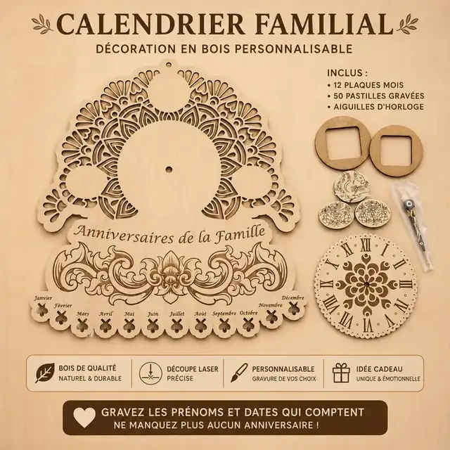 Calendrier Familial Anniversaires Bois - création artisanale CREAFAMAX