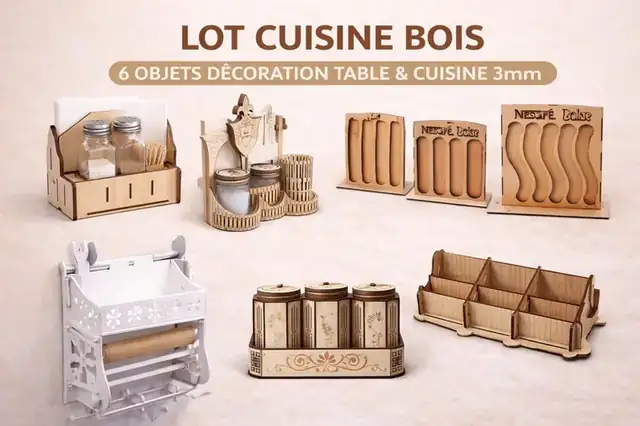 Lot Organisateurs Cuisine Bois Six Pieces - création artisanale CREAFAMAX
