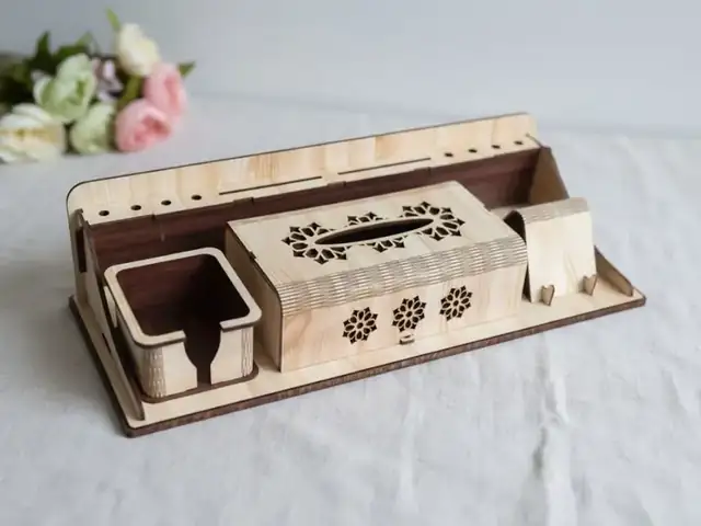 Organisateur Bureau Bois Mouchoirs Stylo - création artisanale CREAFAMAX