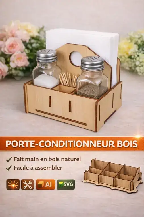 Porte Condiments Serviettes Bois Fiche Produit - création artisanale CREAFAMAX