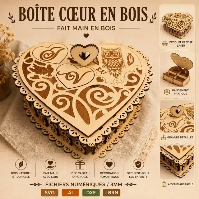 Boite Coeur Ajouree Bois — création artisanale CREAFAMAX