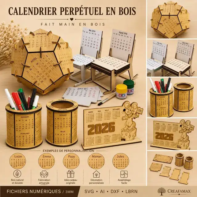 Calendrier Perpetuel Bois — création artisanale CREAFAMAX