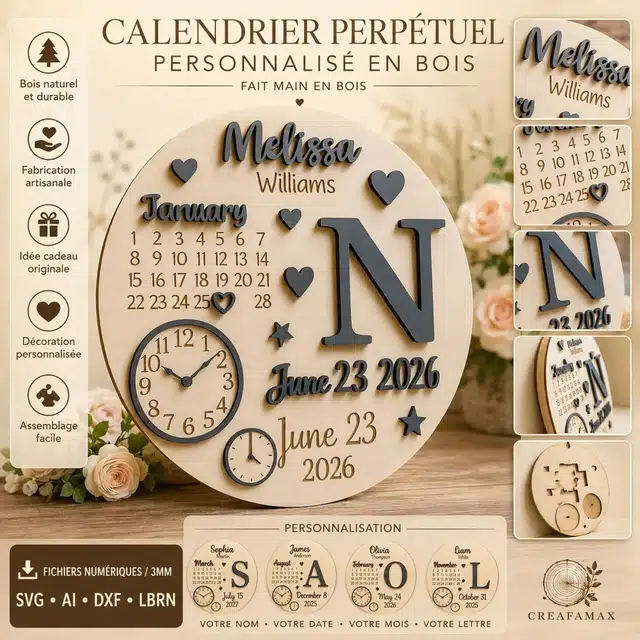 Calendrier Perpetuel Prenom Bois — création artisanale CREAFAMAX