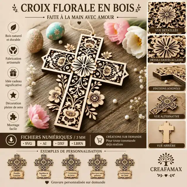 Croix Florale Bois — création artisanale CREAFAMAX