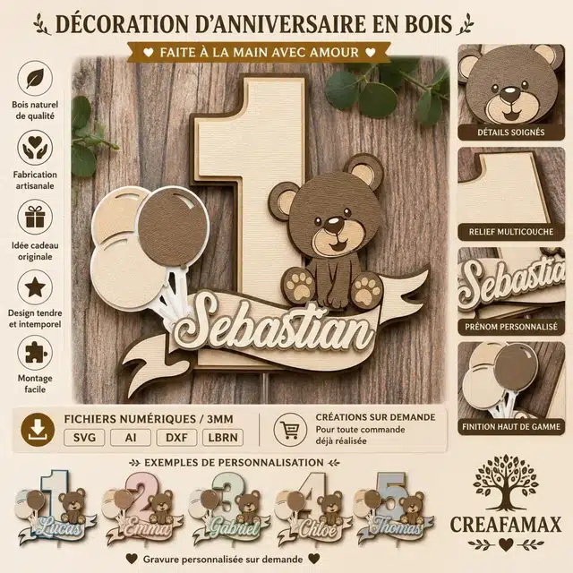 Decoration Anniversaire Prenom Bois — création artisanale CREAFAMAX