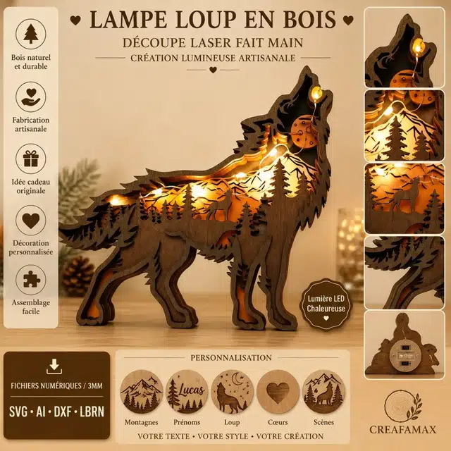 Lampe Loup Bois — création artisanale CREAFAMAX