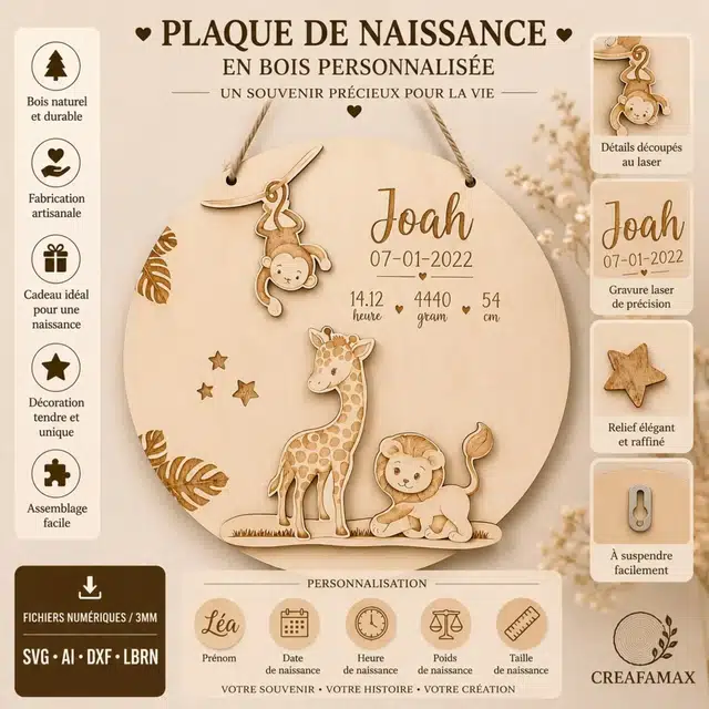 Plaque Naissance Bois — création artisanale CREAFAMAX