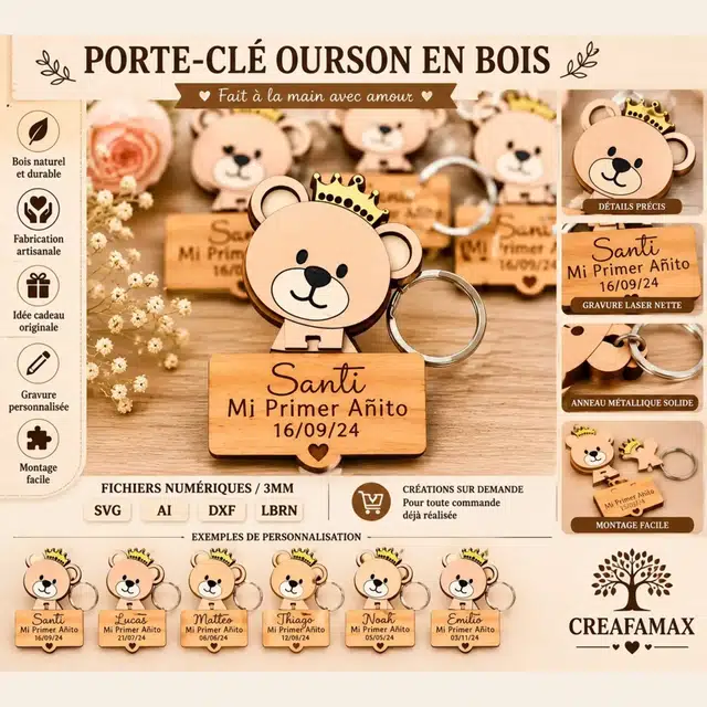 Porte Cle Ourson Bois — création artisanale CREAFAMAX