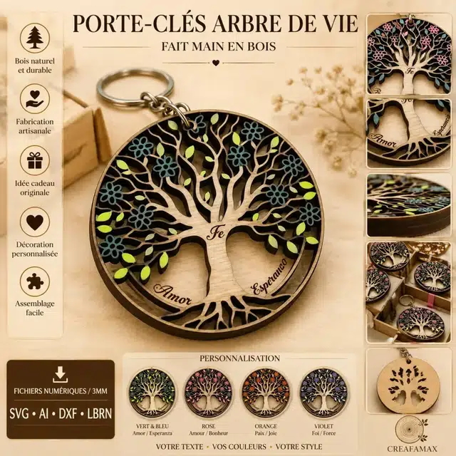 Porte Cles Arbre De Vie Bois — création artisanale CREAFAMAX