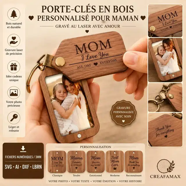 Porte Cles Photo Maman Bois — création artisanale CREAFAMAX