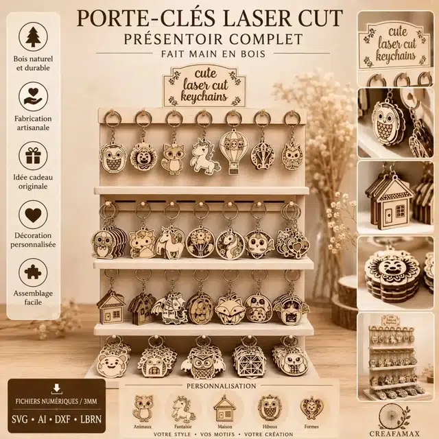 Porte Cles Presentoir Complet Bois — création artisanale CREAFAMAX