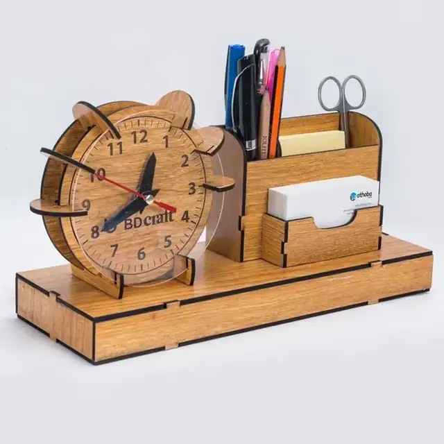 Organiseur Bureau Horloge Porte Stylo Bois - création artisanale CREAFAMAX