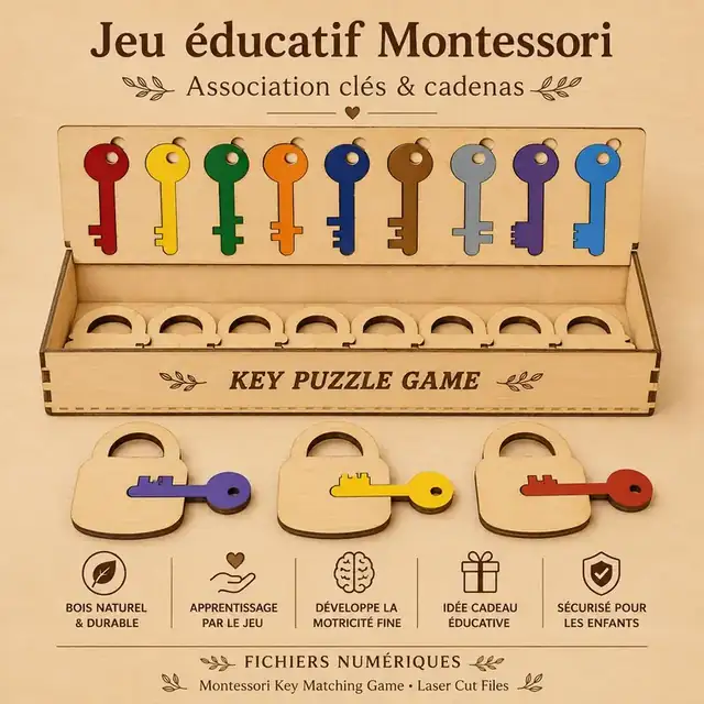 Jeu Educatif Clés Cadenas Montessori Bois - création artisanale CREAFAMAX