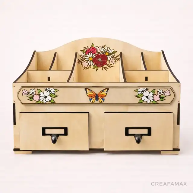 Organiseur Bureau Fleurs Papillon Bois - création artisanale CREAFAMAX