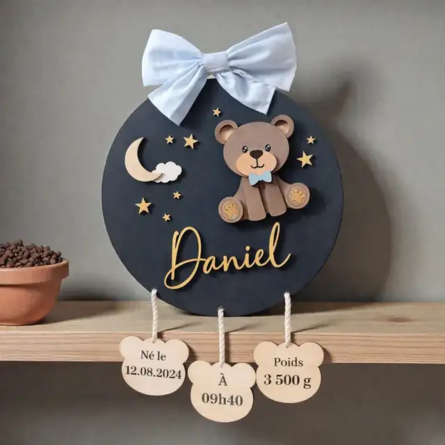 Plaque Naissance Ours Daniel Bois 2 - création artisanale CREAFAMAX