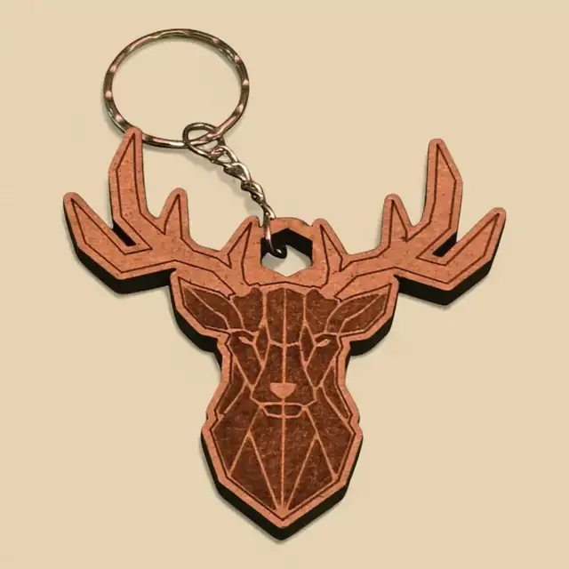 Porte Clé Cerf Geometrique Bois - création artisanale CREAFAMAX