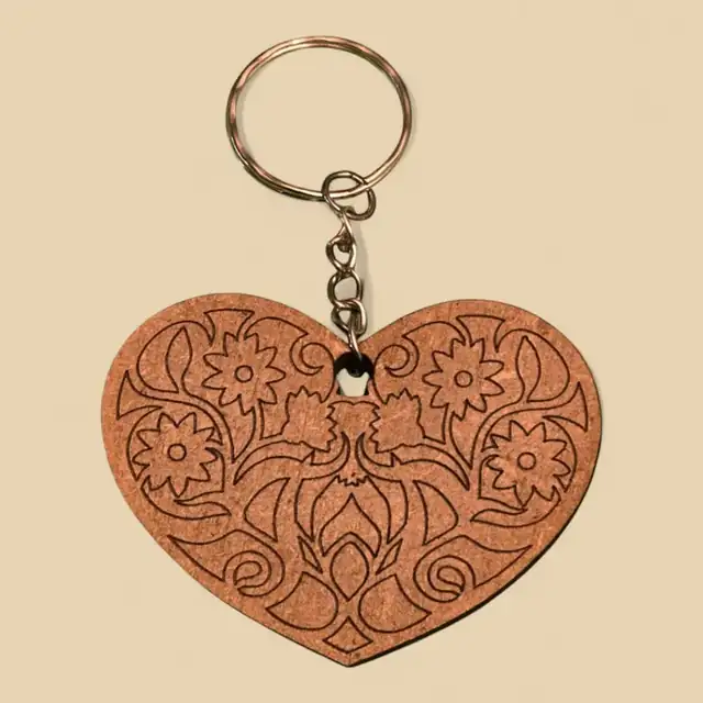 Porte Clé Cœur Floral Bois - création artisanale CREAFAMAX