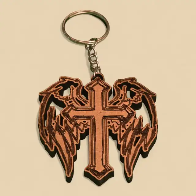 Porte Clé Croix Ailes Bois - création artisanale CREAFAMAX