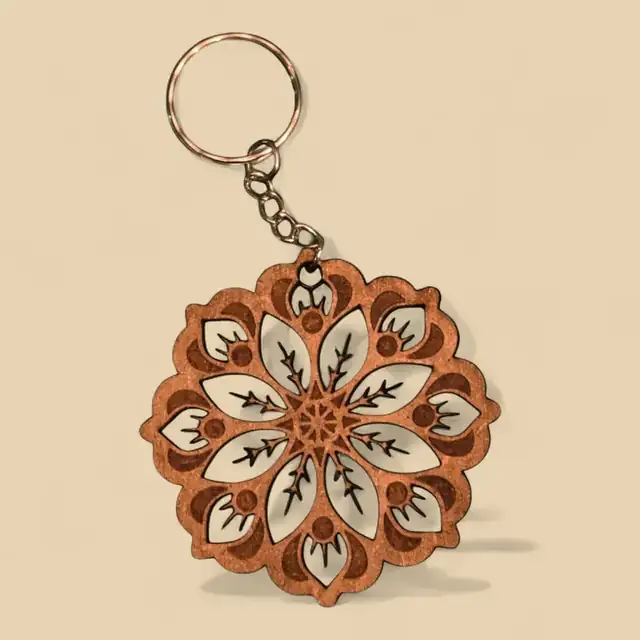 Porte Clé Rosace Florale Bois - création artisanale CREAFAMAX