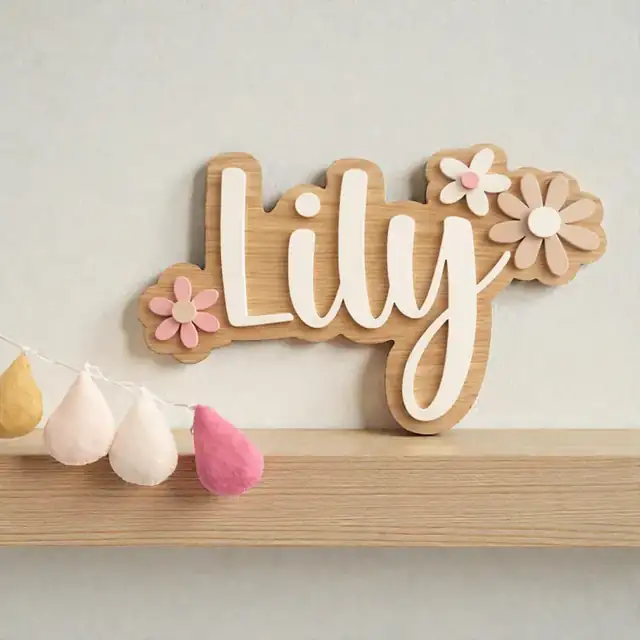 Prénom Mural Lily Fleurs Bois - création artisanale CREAFAMAX
