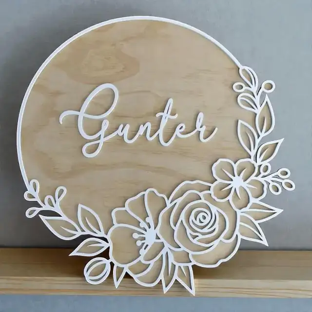 Prénom Rond Floral Gunter Bois - création artisanale CREAFAMAX