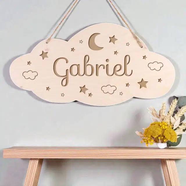 Plaque Naissance Nuage Gabriel Bois — création artisanale CREAFAMAX