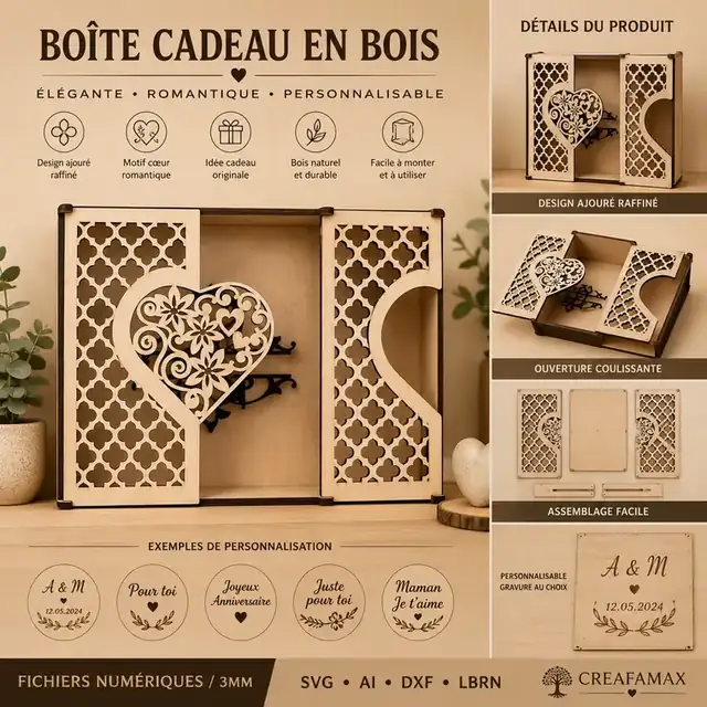 Boîte Cadeau Cœur Bois - création artisanale CREAFAMAX