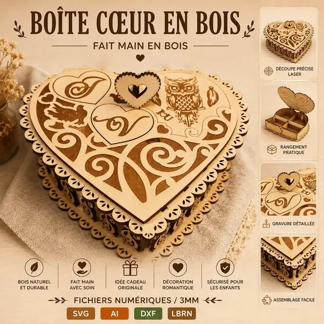 Boîte Cœur Ajouree Bois - création artisanale CREAFAMAX