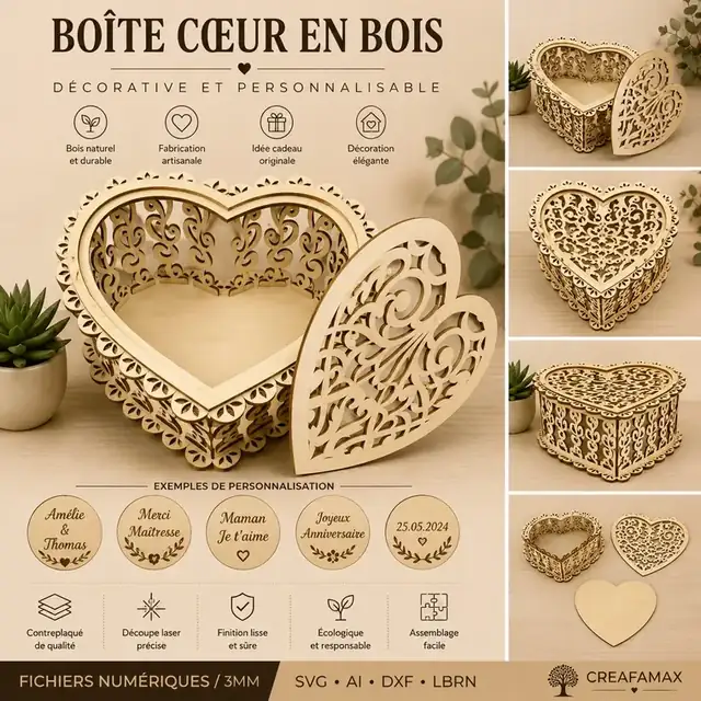 Boîte Cœur Bois - création artisanale CREAFAMAX