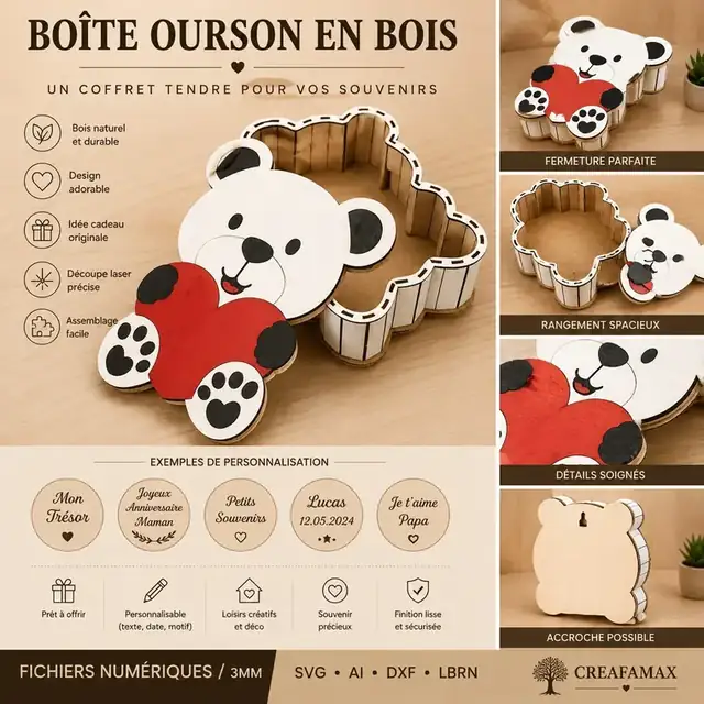 Boîte Ourson Bois - création artisanale CREAFAMAX