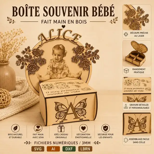 Boîte Souvenir Bebe Bois - création artisanale CREAFAMAX