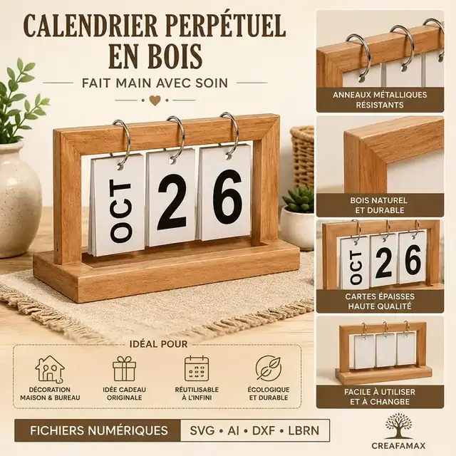Calendrier Perpetuel Date Bois - création artisanale CREAFAMAX