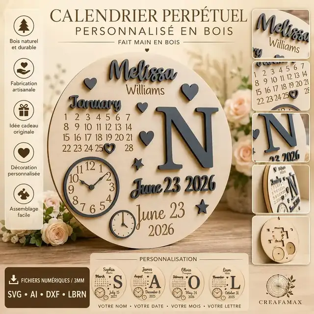 Calendrier Perpetuel Prénom Bois - création artisanale CREAFAMAX