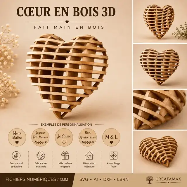 Cœur 3D Bois - création artisanale CREAFAMAX