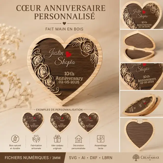 Cœur Anniversaire Personnalise Bois - création artisanale CREAFAMAX
