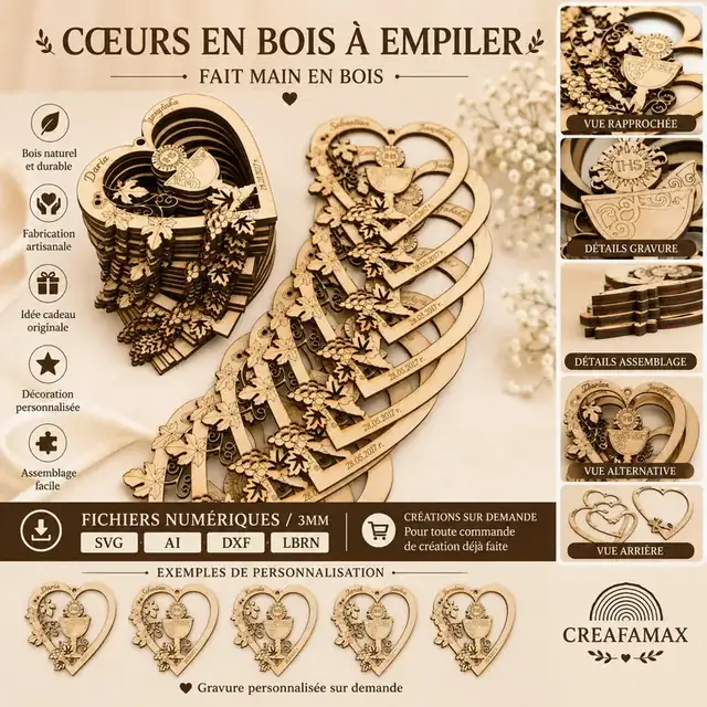 Cœurs Empilables Bois - création artisanale CREAFAMAX