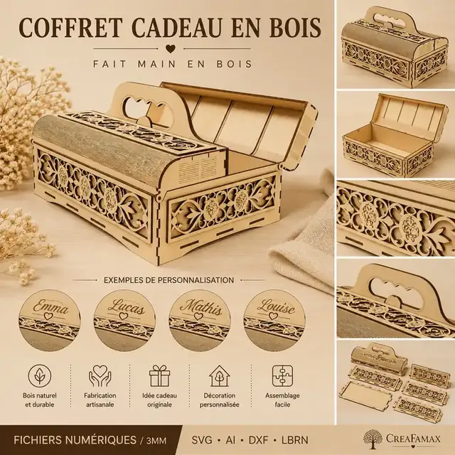 Coffret Cadeau Ajoure Bois - création artisanale CREAFAMAX