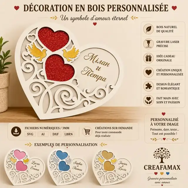 Decoration Cœur Personnalisee Bois - création artisanale CREAFAMAX