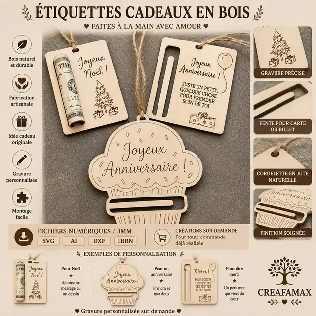 Etiquettes Cadeaux Bois - création artisanale CREAFAMAX