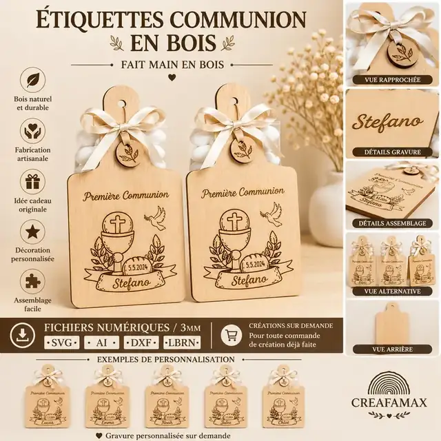 Etiquettes Communion Bois - création artisanale CREAFAMAX
