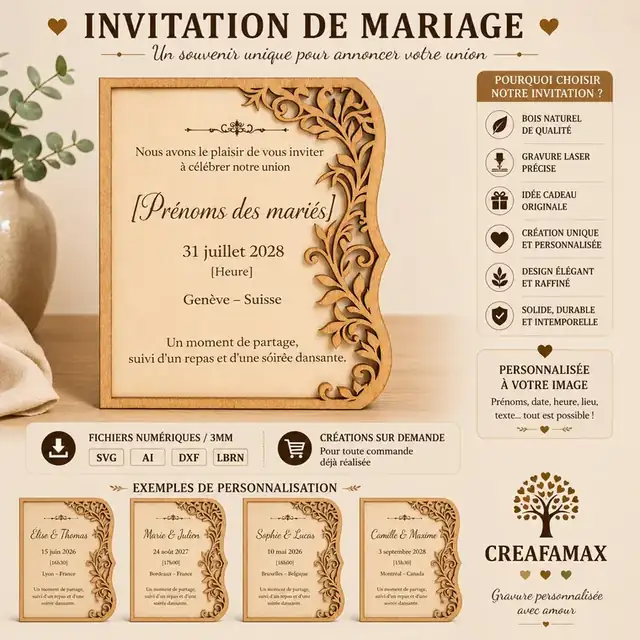 Invitation Mariage Bois 2 - création artisanale CREAFAMAX