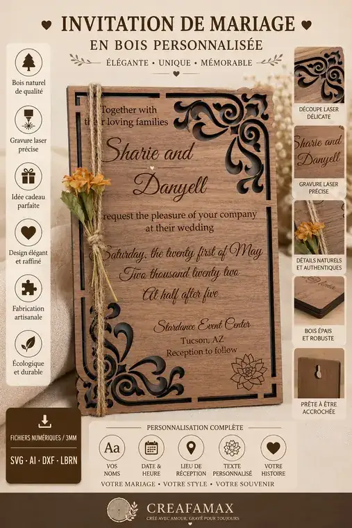 Invitation Mariage Bois - création artisanale CREAFAMAX
