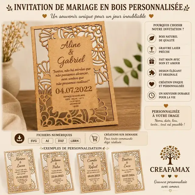 Invitation Mariage Personnalisee Bois - création artisanale CREAFAMAX