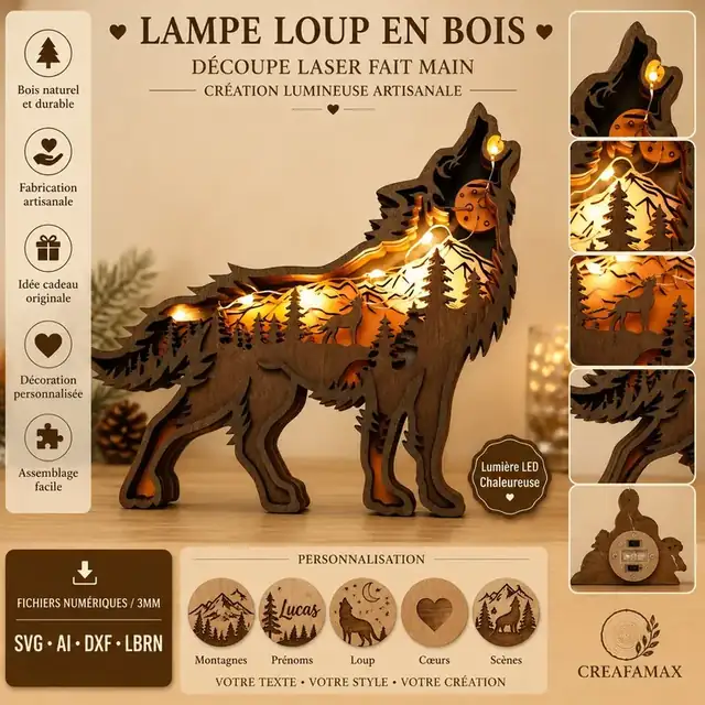 Lampe Loup Bois - création artisanale CREAFAMAX