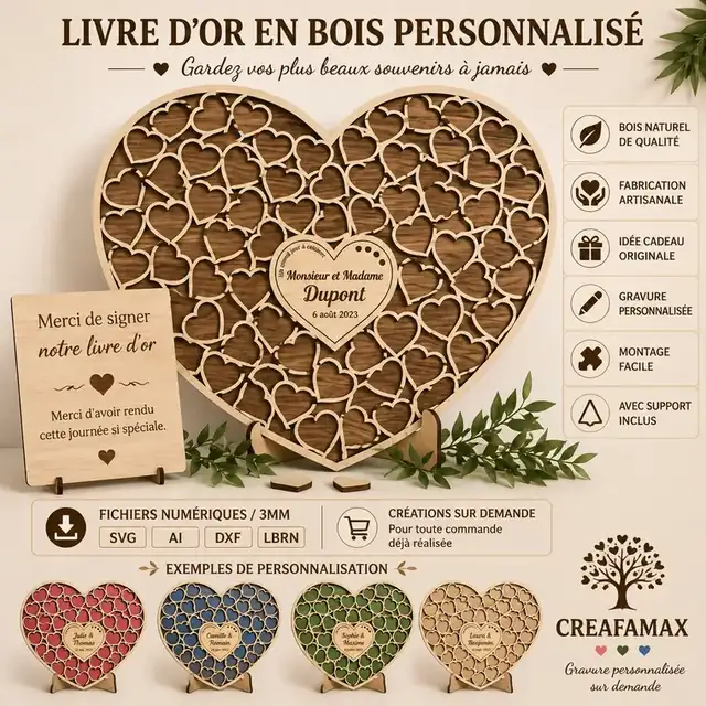 Livre Or Cœur Personnalise Bois - création artisanale CREAFAMAX