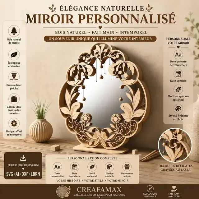 Miroir Personnalise Bois - création artisanale CREAFAMAX