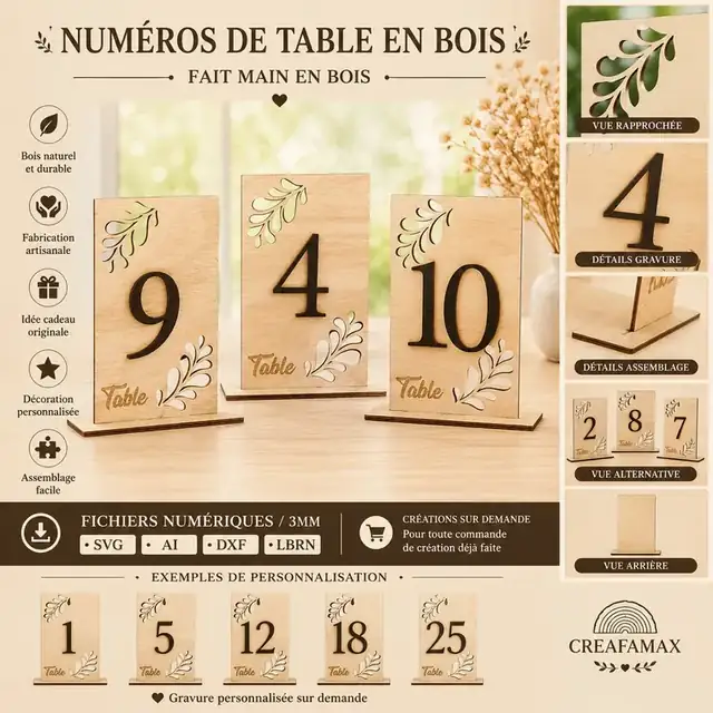 Numeros Table Mariage Bois - création artisanale CREAFAMAX